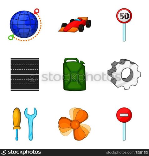 Travelling by car icons set. Cartoon set of 9 travelling by car vector icons for web isolated on white background. Travelling by car icons set, cartoon style