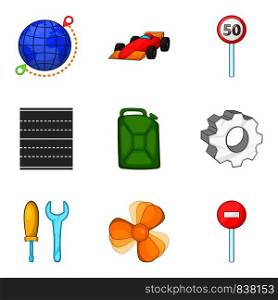 Travelling by car icons set. Cartoon set of 9 travelling by car vector icons for web isolated on white background. Travelling by car icons set, cartoon style