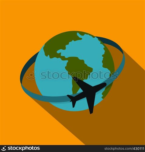 Travelling by plane around the world icon. Flat illustration of travelling by plane around the world vector icon for web. Travelling by plane around the world icon