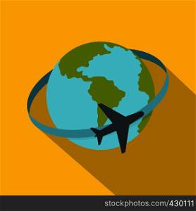 Travelling by plane around the world icon. Flat illustration of travelling by plane around the world vector icon for web. Travelling by plane around the world icon