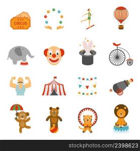 Travelling chapiteau tent magic performance flat icons set with clown and circus animals abstract isolated vector illustration. Chapito circus icons set flat
