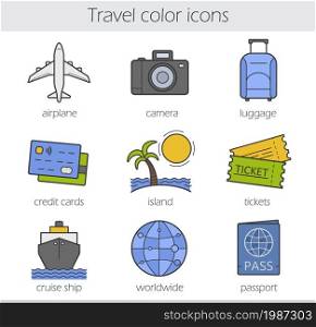 Travelling color icons set. Airplane, camera, lugagge, credit cards, island, tickets, cruise ship, worldwide and passport symbols. Vector isolated illustrations. Traveling color icons set