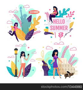 Travelling Greeting Cards Set with Cartoon Female Tourist. Flat Women Hurrying on Vacation, Going on Travels, Visiting Famous Landmarks and Parks and Taking Selfie. Natural Vector Illustration. Travelling Cards Set with Cartoon Female Tourist