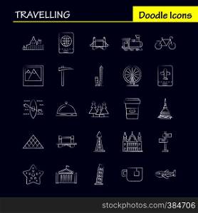 Travelling Hand Drawn Icons Set For Infographics, Mobile UX/UI Kit And Print Design. Include: Globe, Internet, World, Communication, Clouds, Weather, Sky, Storm, Eps 10 - Vector