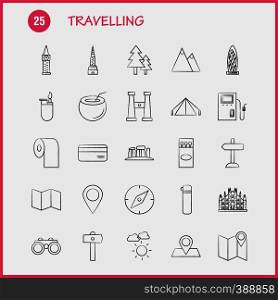 Travelling Hand Drawn Icons Set For Infographics, Mobile UX/UI Kit And Print Design. Include: Direction Board, Board, Direction, Traffic Board, Dish, Food, Eps 10 - Vector
