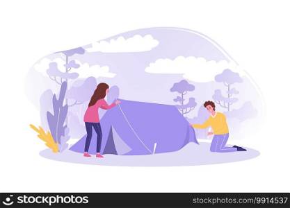 Travelling, hiking, nature, tourism, c&ing concept. Couple in love man woman boyfriend girlfriend travelers hiker set up tent together. Vacation trip with active lifestyle recreation illustration.. Travelling, hiking, nature, tourism, c&ing concept.
