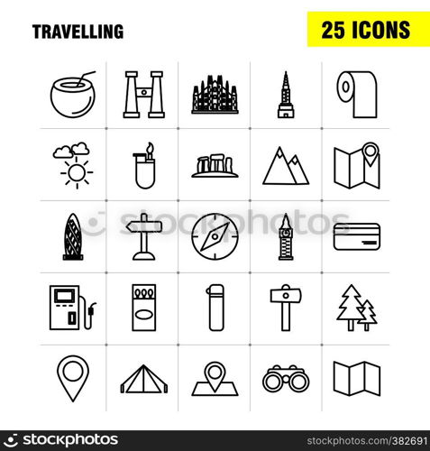 Travelling Line Icons Set For Infographics, Mobile UX/UI Kit And Print Design. Include: Direction Board, Board, Direction, Traffic Board, Dish, Food, Eps 10 - Vector