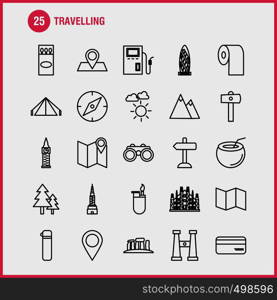 Travelling Line Icons Set For Infographics, Mobile UX/UI Kit And Print Design. Include: Direction Board, Board, Direction, Traffic Board, Dish, Food, Eps 10 - Vector