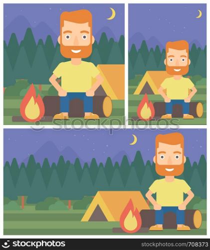 Travelling man sitting on a log near a fire on a background of camping site with tent. Man sitting near a campfire at a campsite. Vector flat design illustration. Square, horizontal, vertical layouts.. Man sitting on log in the camping.