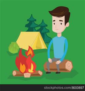 Travelling man sitting on a log near a fire on the background of camping site with tent. Young caucasian man sitting near a campfire at a campsite. Vector flat design illustration. Square layout.. Man sitting on log near campfire in the camping.