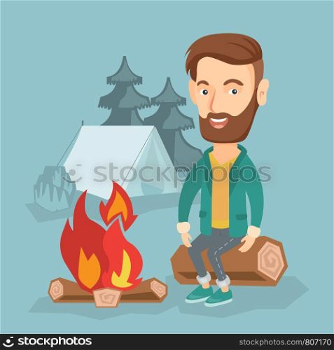 Travelling man sitting on a log near campfire on the background of camping site with tent. Young caucasian man sitting near campfire at a campsite. Vector flat design illustration. Square layout.. Man sitting on log near campfire in the camping.