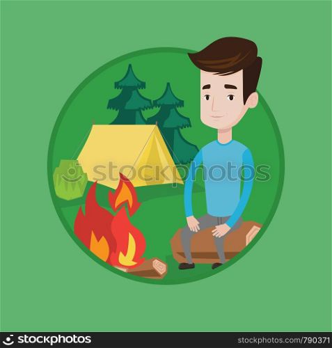 Travelling man sitting on a log near campfire. Young caucasian man sitting near campfire. Smiling tourist relaxing near campfire. Vector flat design illustration in the circle isolated on background.. Man sitting on log near campfire in the camping.
