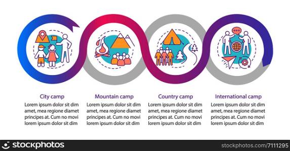 Travelling, nature camps vector infographic template. Business presentation design elements. Data visualization with four steps and options. Process timeline chart. Workflow layout with linear icons