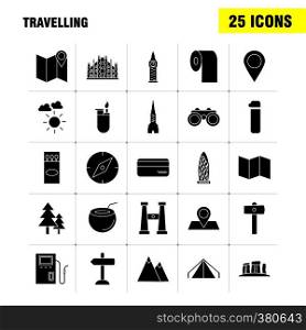 Travelling Solid Glyph Icons Set For Infographics, Mobile UX/UI Kit And Print Design. Include: Direction Board, Board, Direction, Traffic Board, Dish, Food, Eps 10 - Vector