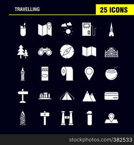 Travelling Solid Glyph Icons Set For Infographics, Mobile UX/UI Kit And Print Design. Include: Direction Board, Board, Direction, Traffic Board, Dish, Food, Eps 10 - Vector