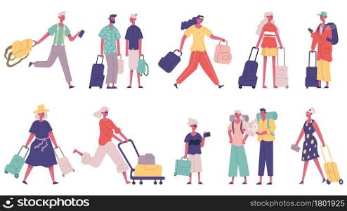 Travelling summer vacation tourist male and female characters. Tourist with luggage at airport vector illustration set. Travellers mascots with backpacks, reading map, hurrying with baggage. Travelling summer vacation tourist male and female characters. Tourist with luggage at airport vector illustration set. Travellers mascots