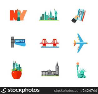 Travelling to New York icon set. New York Concrete jungle Holding tickets Wall street sign Brooklyn bridge Air flight Big apple sign Statue of liberty. Contains bonus icon of St. Patrick cathedral