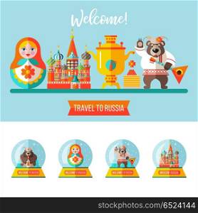Travelling to Russia. Flat vector illustration. Set of clipart o. Travel to Russia. A set of Souvenirs in glass balls. Russian tradition. Bear with balalaika, Russian doll matryoshka, Kremlin, pancakes with caviar, samovar.