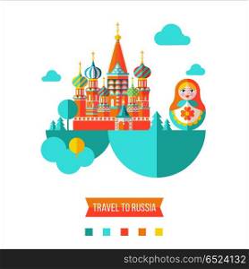 Travelling to Russia. Flat vector illustration. Set of clipart o. Travel to Russia. Vector illustration. Russian famous St. Basils Cathedral and Russian doll matryoshka.