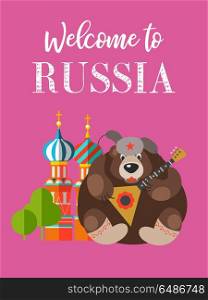 Travelling to Russia. Welcome to Russia. Vector illustration.. Russian bear in a fur hat playing the balalaika on the background of the Kremlin. symbol of Russia. Welcome to Russia. Vector illustration.