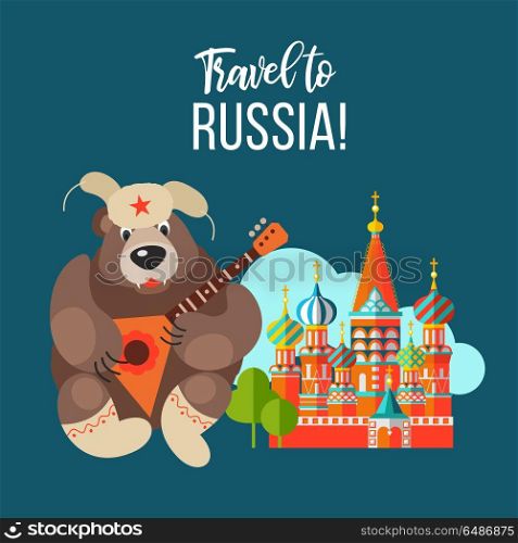 Travelling to Russia. Welcome to Russia. Vector illustration.. Russian bear in a fur hat playing the balalaika on the background of the Kremlin. symbol of Russia. Welcome to Russia. Vector illustration.