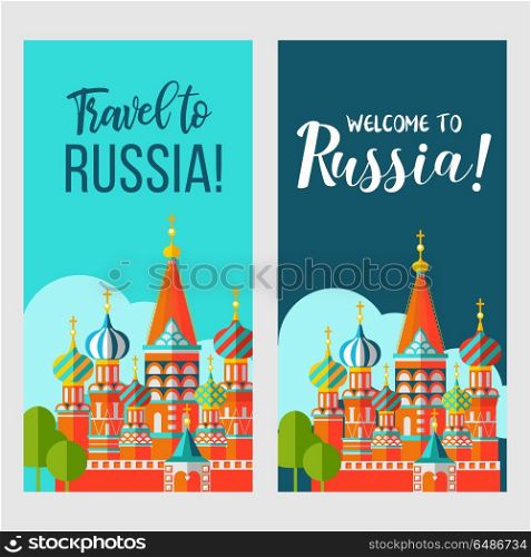 Travelling to Russia. Welcome to Russia. Vector illustration.. Russian Kremlin, St. Basil&rsquo;s Cathedral. Russian traditional architecture. symbol of Russia. Vector illustration. Travelling to Russia.