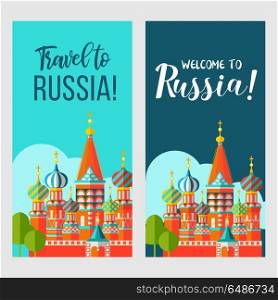 Travelling to Russia. Welcome to Russia. Vector illustration.. Russian Kremlin, St. Basil&rsquo;s Cathedral. Russian traditional architecture. symbol of Russia. Vector illustration. Travelling to Russia.