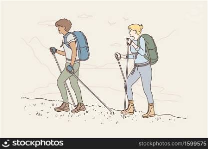 Travelling, tourism, mountaineering, activity, adventure concept. Young african american man and woman tourists characters couple hiking in mountains together. Active summer recreation illustration.. Travelling, tourism, mountaineering, activity, adventure concept
