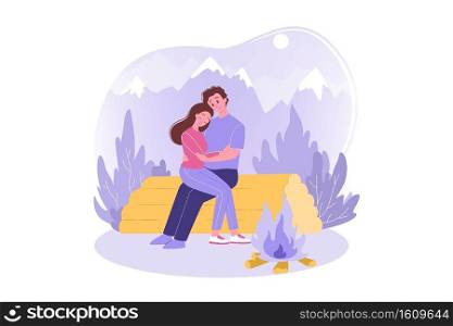 Travelling, tourism, nature, c&ing concept. Happy couple in love man woman tourists hikers cartoon characters sitting and hugging on log near bonfire. Vacation trip active lifestyle and recreation.. Travelling, hiking, tourism, nature, c&ing concept.