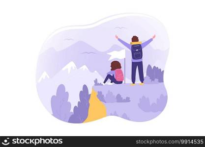 Travelling, tourism, nature, mountaineering, hiking concept. Young couple man woman hikers tourists backpackers stand on hill look on mountains. Vacation trip active recreation and extreme lifestyle.. Travelling, tourism, nature, mountaineering, hiking concept