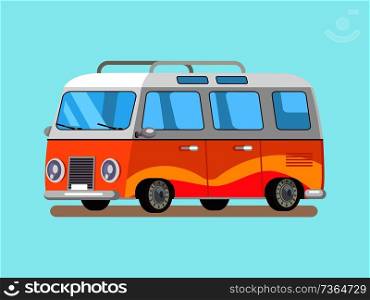 Travelling trailer van in retro style, convenient home on wheels, summertime yellow bus, transportation vehicle vector illustration isolated blue backdrop. Travelling Trailer in Retro Style, Convenient Home