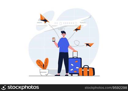 Travelling web concept with character scene. Man with suitcase waiting for flight on vacation in airport. People situation in flat design. Vector illustration for social media marketing material.