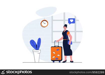 Travelling web concept with character scene. Woman traveler with suitcase preparing for trip on vacation. People situation in flat design. Vector illustration for social media marketing material.
