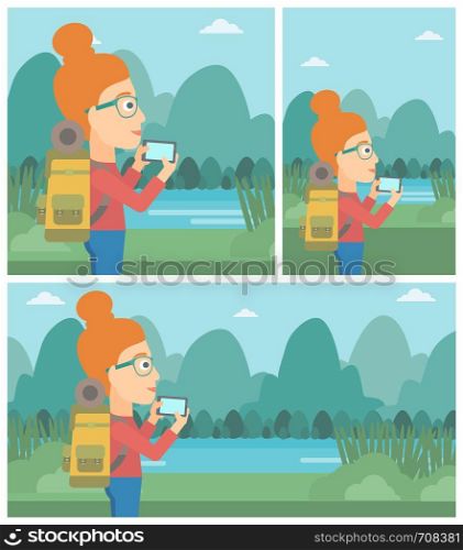 Travelling woman taking photo of landscape with mountains. Young hiking woman with backpack taking photo with her cellphone. Vector flat design illustration. Square, horizontal, vertical layouts.. Woman with backpack taking photo.