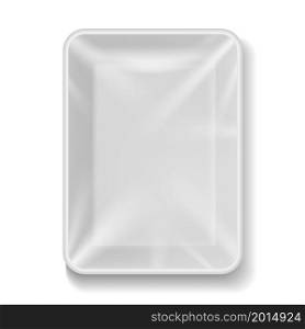 Tray plastic. Food package with transparent wrap. Realistic white empty container for vegetables, fruits and meat. Vacuum square lunch or dinner box top view. Package for storage. Vector illustration. Tray plastic. Food package with transparent wrap. Realistic white empty container for vegetables, fruits and meat. Vacuum square lunch or dinner box top view. Package vector illustration