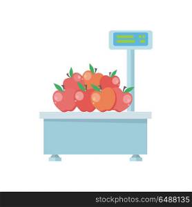 Tray with apples on store scales vector. Flat design. Vegetables in supermarket illustration for stores, farms, signboards and ad. Weighing equipment for trade. Isolated on white background.. Tray with Apples on Store Scales Vector.. Tray with Apples on Store Scales Vector.