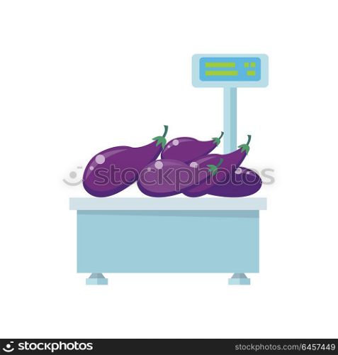Tray with eggplants on store scales vector. Flat design. Vegetables in supermarket illustration for stores, farms, signboards and ad. Weighing equipment for trade. Isolated on white background.. Tray with Eggplants on Store Scales Vector.