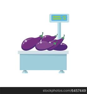 Tray with eggplants on store scales vector. Flat design. Vegetables in supermarket illustration for stores, farms, signboards and ad. Weighing equipment for trade. Isolated on white background.. Tray with Eggplants on Store Scales Vector.