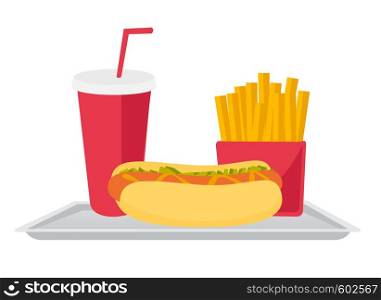 Tray with fast food consisting of hot dog, soda and french fries vector cartoon illustration isolated on white background.. Tray with fast food vector cartoon illustration.