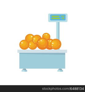 Tray with oranges on store scales vector. Flat design. Vegetables in supermarket illustration for stores, farms, signboards and ad. Weighing equipment for trade. Isolated on white background.. Tray with Oranges on Store Scales Vector.. Tray with Oranges on Store Scales Vector.