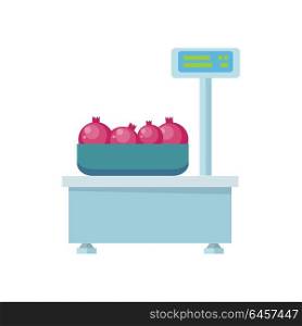 Tray with pomegranates on store scales vector. Flat design. Fruits in supermarket illustration for stores, farms, signboards and ad. Weighing equipment for trade. Isolated on white background. . Tray with Pomegranates on Store Scales Vector.
