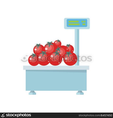 Tray with tomatoes on store scales vector. Flat design. Vegetables in supermarket illustration for stores, farms, signboards and ad. Weighing equipment for trade. Isolated on white background.. Tray with Tomatoes on Store Scales Vector.