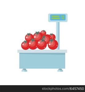 Tray with tomatoes on store scales vector. Flat design. Vegetables in supermarket illustration for stores, farms, signboards and ad. Weighing equipment for trade. Isolated on white background.. Tray with Tomatoes on Store Scales Vector.