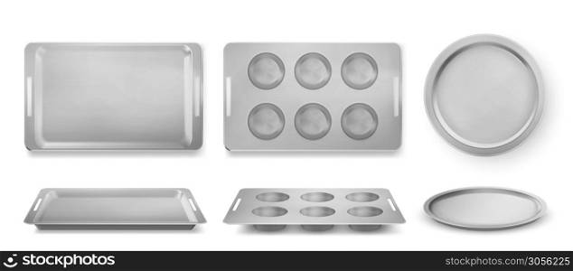 Trays for baking muffins, pizza and bakery top and front view, empty tin pans, isolated rectangle and round forms. Kitchen utensil for oven, silver metal dishes for cooking, Realistic 3d vector set. Trays for baking muffins, pizza and bakery set