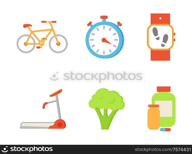 Treadmill and broccoli isolated icons set. Bicycle and timer clock, wristband pedometer indicator and bottles with vitamins, pills and capsules vector. Treadmill and Broccoli Set Vector Illustration