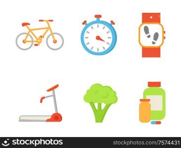 Treadmill and broccoli isolated icons set. Bicycle and timer clock, wristband pedometer indicator and bottles with vitamins, pills and capsules vector. Treadmill and Broccoli Set Vector Illustration