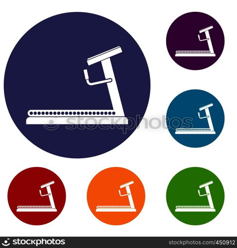 Treadmill icons set in flat circle reb, blue and green color for web. Treadmill icons set