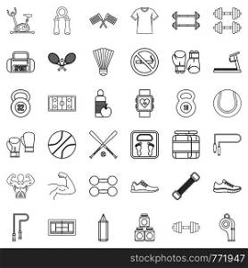 Treadmill icons set. Outline style of 36 treadmill vector icons for web isolated on white background. Treadmill icons set, outline style
