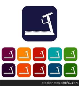 Treadmill icons set vector illustration in flat style In colors red, blue, green and other. Treadmill icons set