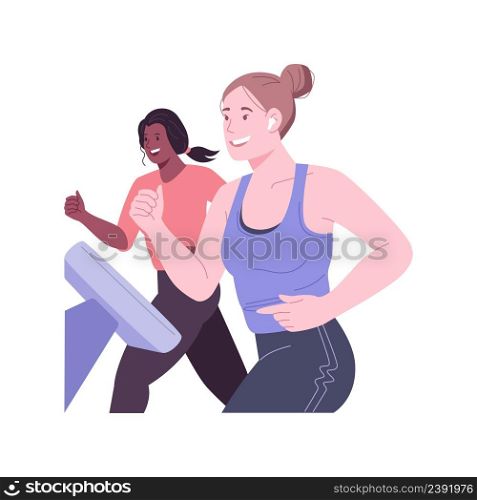 Treadmill isolated cartoon vector illustrations. Beautiful girl in sportswear and headphones runs on a treadmill, fitness in the gym, workout exercises, running cardio training vector cartoon.. Treadmill isolated cartoon vector illustrations.